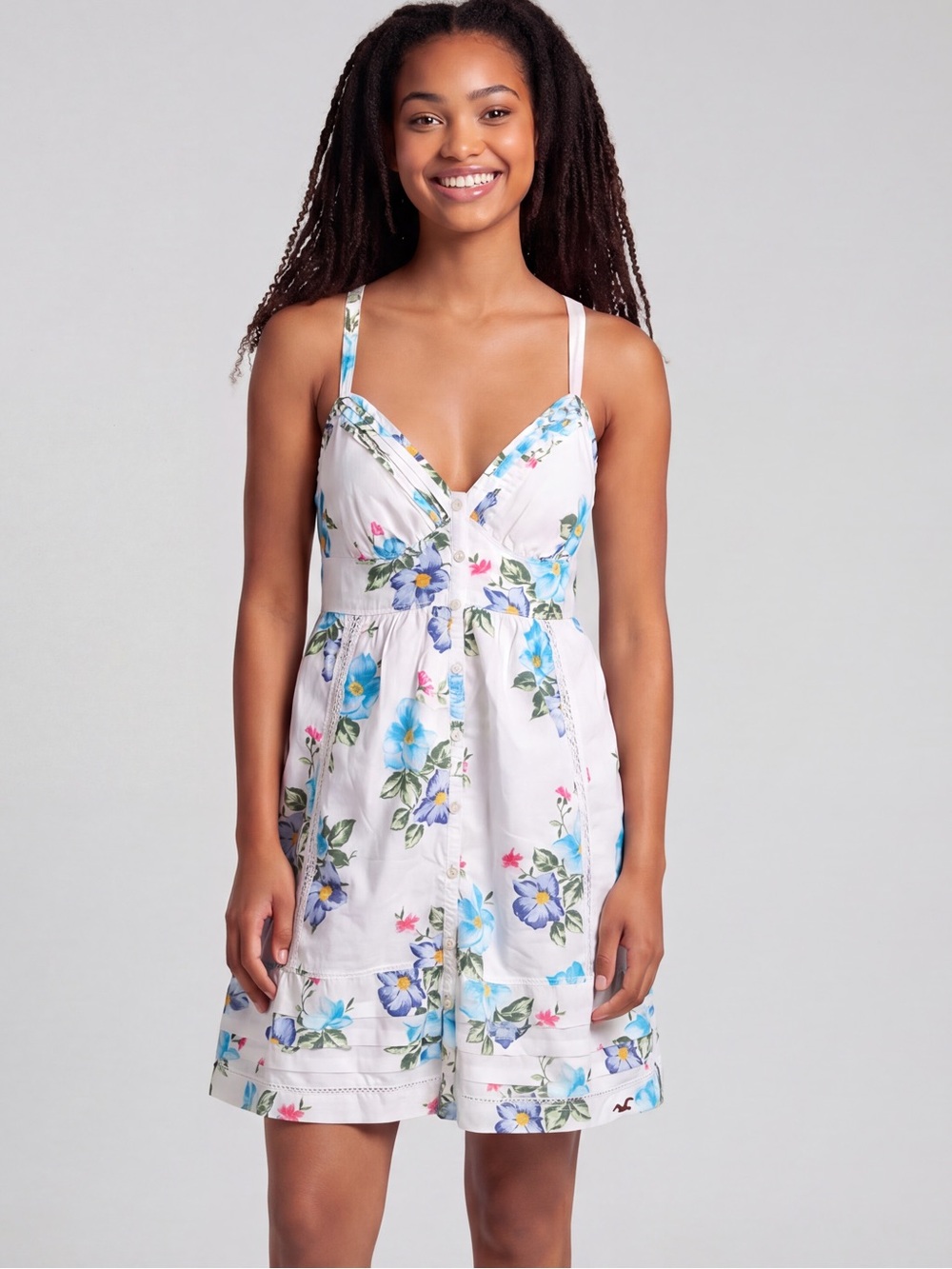 Hollister Floral Sundress Blue White Button Front Lace Trim Criss Cross Back